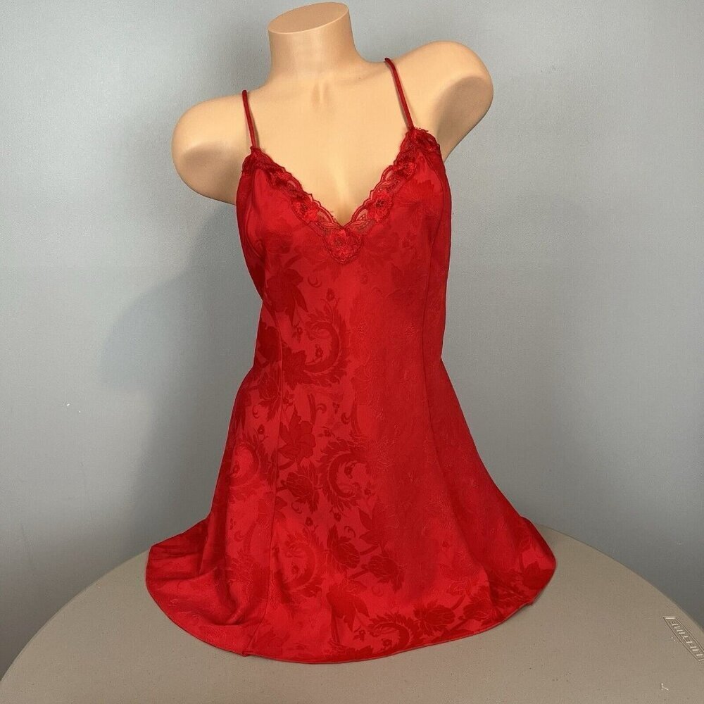 Victoria's Secret Gold Label Red Slip Dress Chemise‎ Size Large Jacquard Vtg